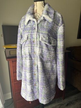 Anthropologie Lavender Plaid Shaggy Button-Front Jacket